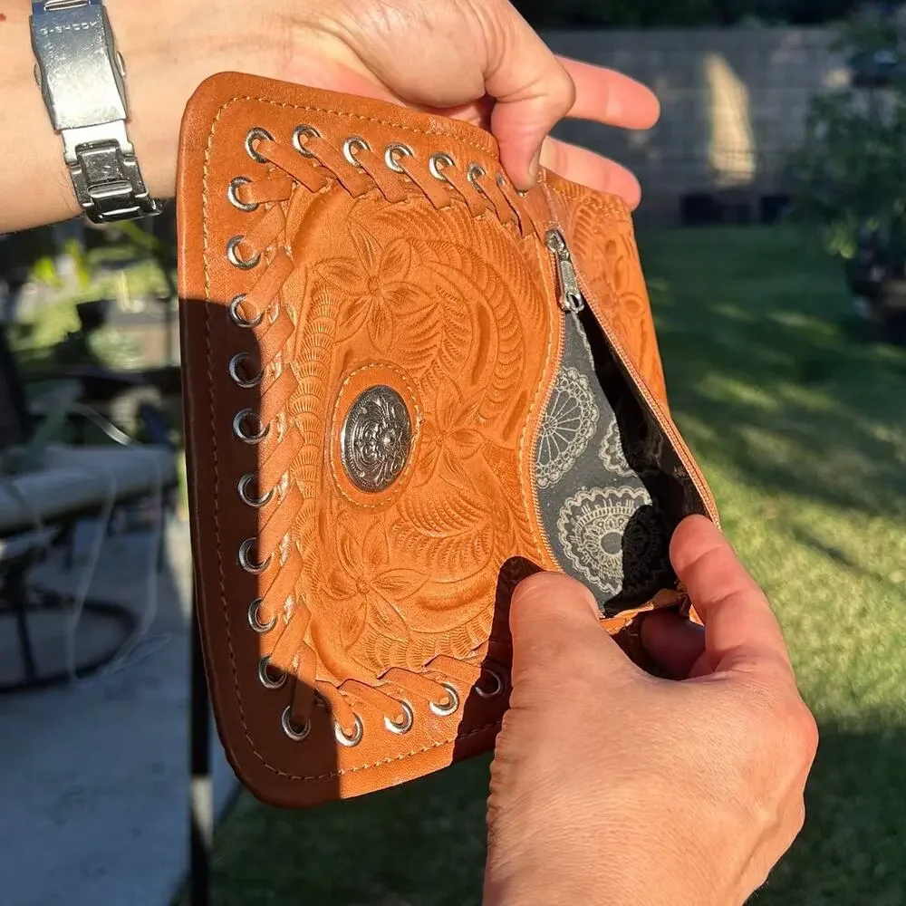 American West Handcrafted Leather Tooled Floral Concho Trifold Wallet Tan